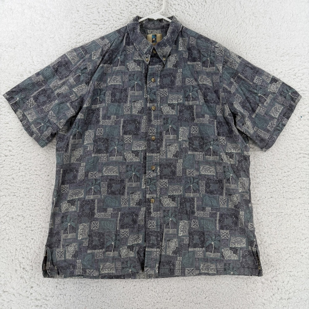 Kahala Shirt Mens Large Gray Graphic Hawaiian Short Sleeve Button Up USA Casual